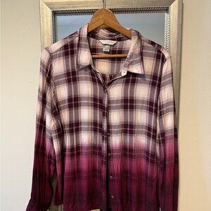 Christopher & Banks Plaid Button Down Shirt - Burgundy and Pink